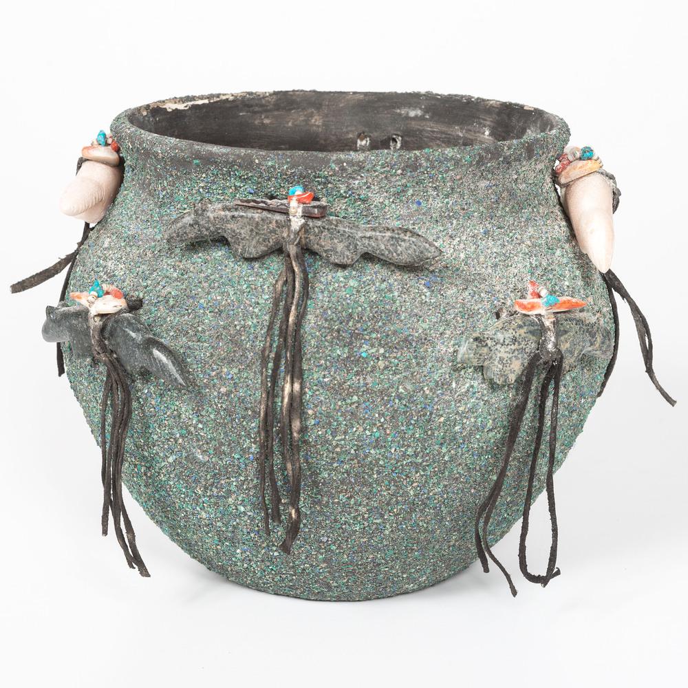Zuni Fetish Pottery Jar, with Crushed Turquoise: eight wolf fetishes carved of various stones and topped with spiny oyster shell points; coral, turquoise, and heishi tied with leather, height 7.25 in. x diameter 9 in. second half 20th century