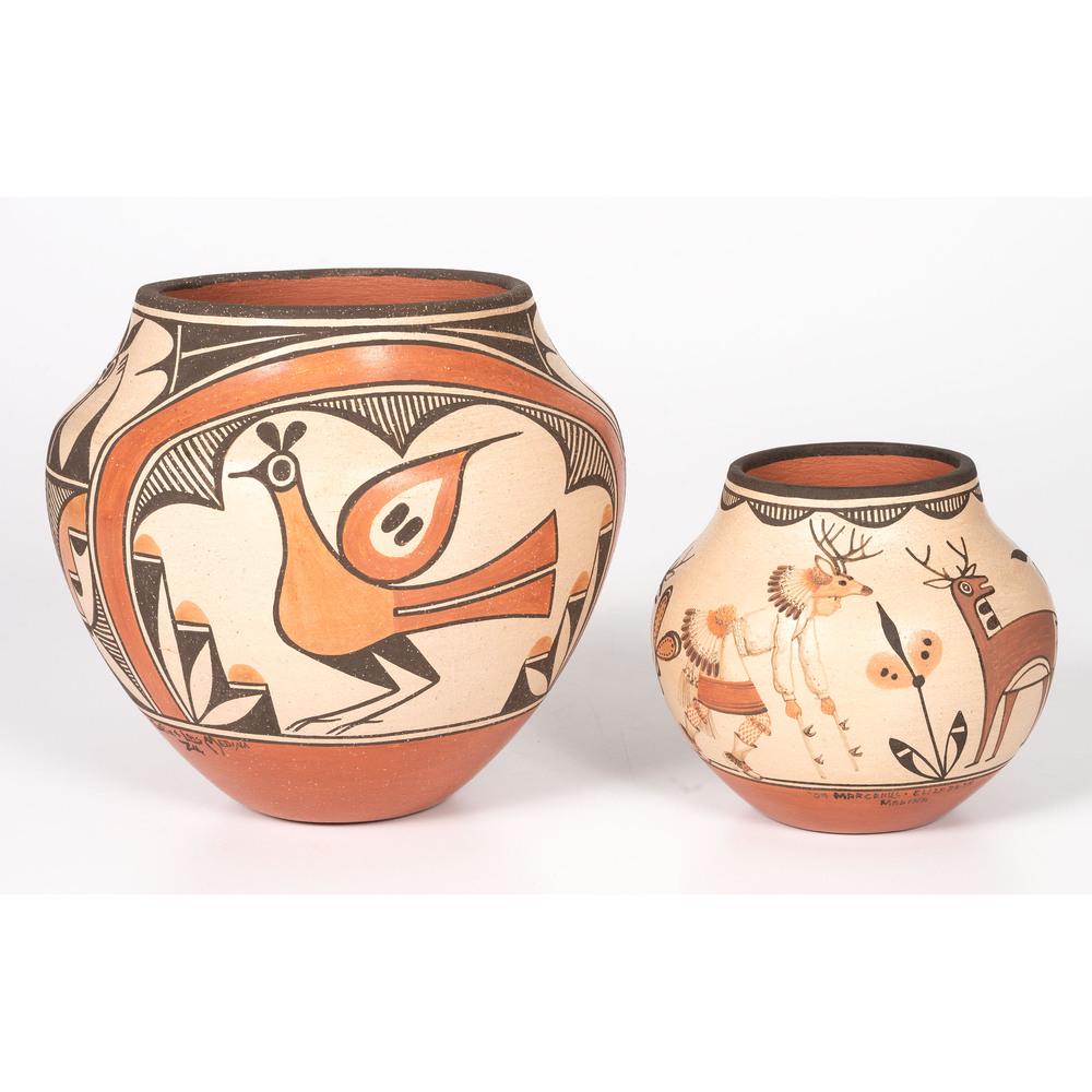 Medina Family, Zia Pottery: lot of 2, includes a piece by Marcellus and Elizabeth Medina, depicting deer and a deer dancer; signed near base, height 5.25 in. x diameter 5.75 in.; AND another by Sophia and Lois Medina with Zia bi