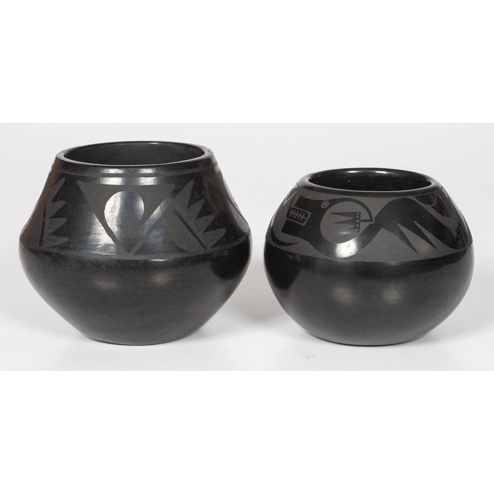 San Ildefonso Pottery, including Tonita and Juan Roybal: San Ildefonso Pottery, including Tonita and Juan Roybal (San Ildefonso, 1892-1945 / 1896-1990) lot of 2, includes a jar by Tonita and Juan Roybal; winged decorations; signed on base, height 4.5 in. x