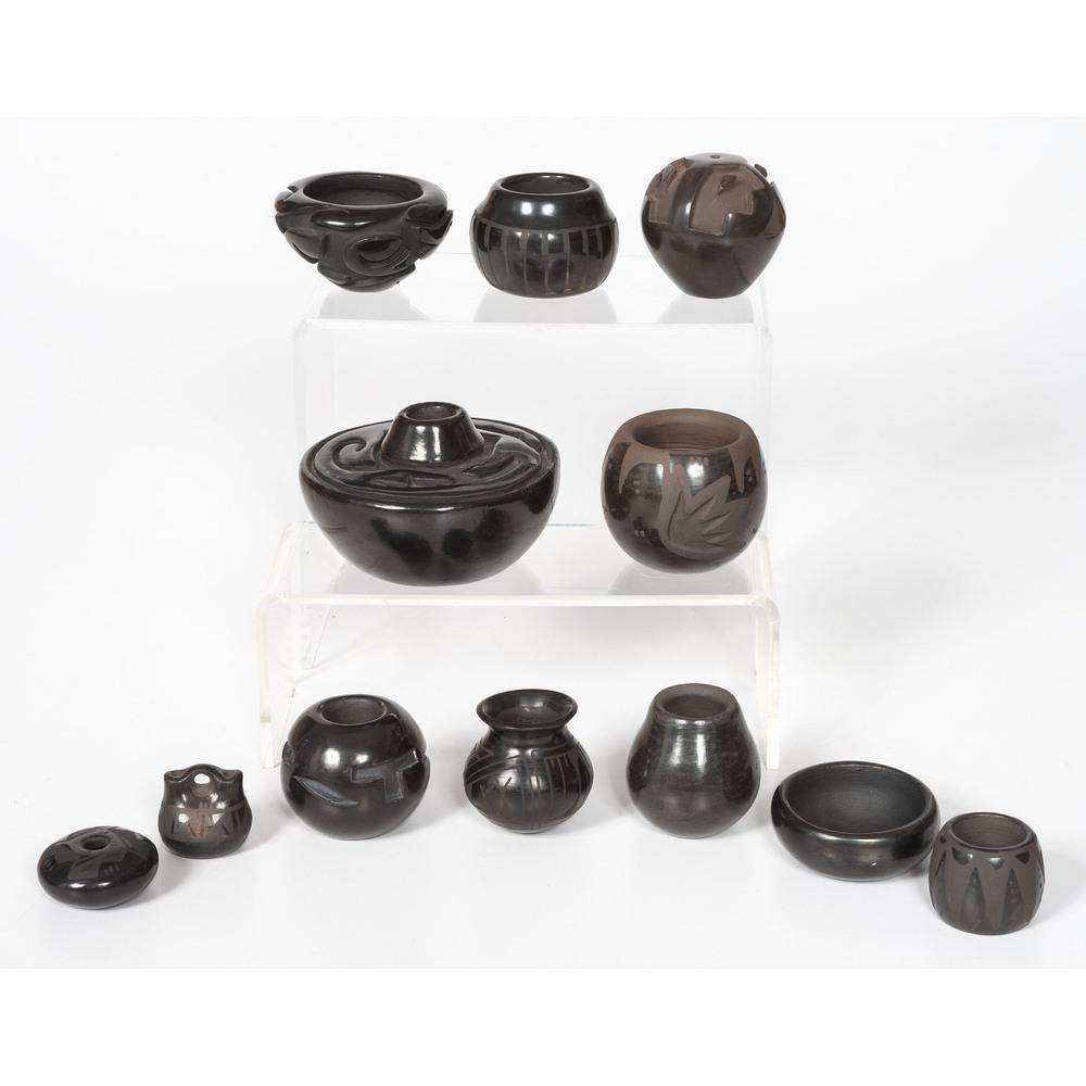 Santa Clara and Mata Ortiz Miniature Pottery: lot of 12, artists includes Rose Gonzales, Mida Tafoya, Celestia Naranjo, Birdell, Victor & Naomi Eckleberry, Johanna Herrera, Manveia Olivas, and Annette Ortega; sizes range from, largest: height 2.5