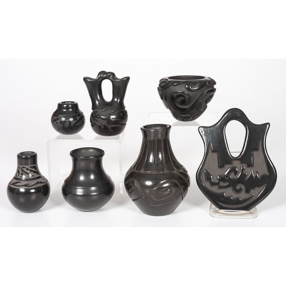 Collection of Santa Clara Pottery: lot of 7, artists include Kevin Naranjo, Sharon Garcia, Stella Chavarria, Victor and Naomi Eckleberry, Greg Garcia, Annie Baca, and Madeline Naranjo, sizes range from height 2.25 in. x diameter 2.5 in
