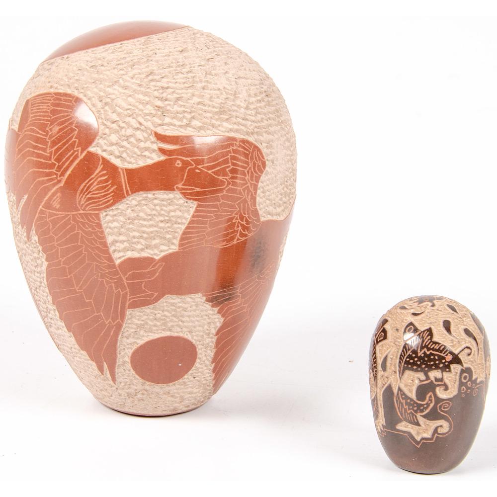 Forrest Naranjo (Santa Clara, b. 1964) Pottery: Forrest Naranjo (Santa Clara, b. 1964) Pottery Sgraffito Seed Jars lot of two, largest height 4 in. both signed on base fourth quarter 20th century