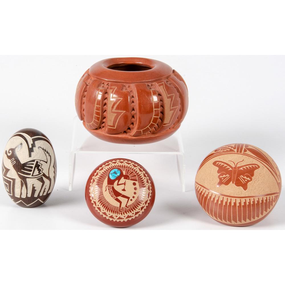Assortment of Pueblo Pottery: lot of 4, includes one sgraffito seed jar, signed and dated on base "CR Claw Nampeyo 87"; AND one redware pottery bowl by Phyllis and Marlin Hemlock, signed on base "Hemlock Santa Clara"; AND one sgra