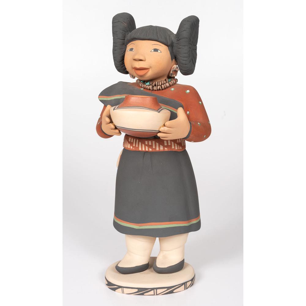 Kathleen Wall (Jemez, 20th century) Pottery Maiden: sweet sculpture of a maiden holding a jar; signed on hem of skirt, height 17 in. 21st century