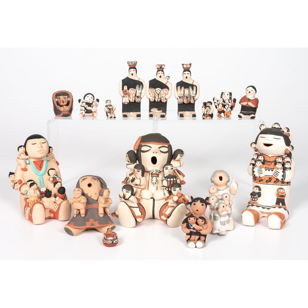 Group of Jemez, San Ildefonso, Hopi and Cochiti: Group of Jemez, San Ildefonso, Hopi and Cochiti Storytellers lot of 16, artists include Cleo Teissedre, C. Trujillo, Rose M. Brown, Mona Teller, Margaret Quintana, Dorothy Herrera, Josie Hand, and Chi