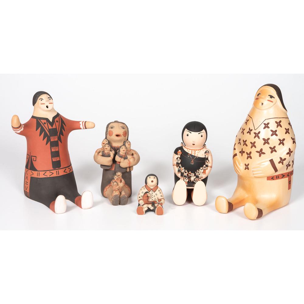 Collection of Pueblo Singers and Storytellers: lot of 5, artists include Larson Goldtooth (Hopi-Tewa, b. 1971), height 9.5 in. and height 10.5 in.; Felicia Fragua (Jemez, 20th century), height 6.5 in.; Dena Suina (San Felipe/ Cochiti, b. 1961), he