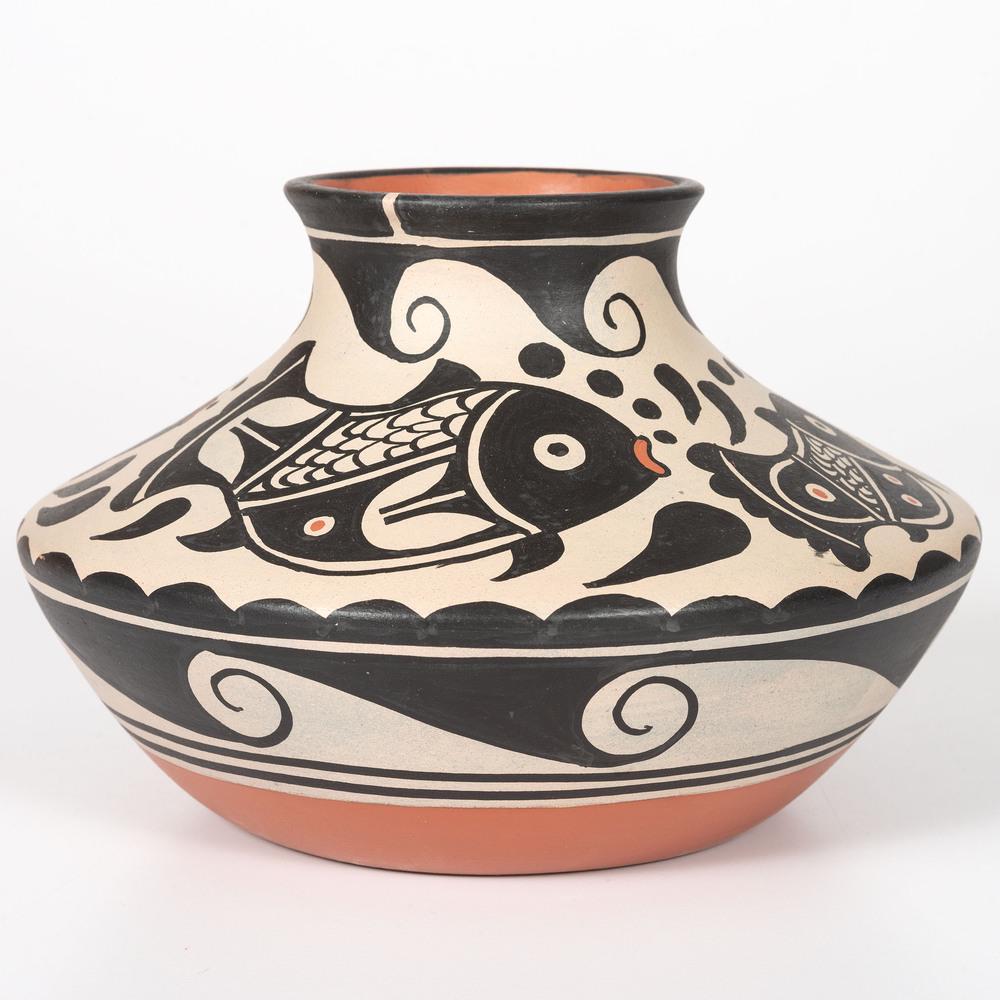 Thomas Tenorio (Kewa, b. 1963) Pottery Jar: boldly painted with fish swimming along shoulder; signed and dated on base, height 5.75 in. x diameter 8.75 in. 2016