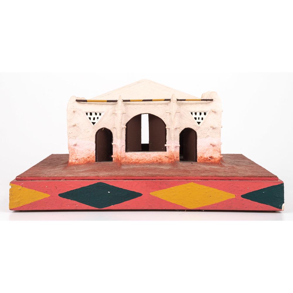 Aboudramane (Senegalese, b. 1961) Sculpture with wood,: Aboudramane (Senegalese, b. 1961) Sculpture with wood, From the Collection of Robert B. Riley, Urbana, IL. La Mosquee depiction of a mosque in a pink and white gradient 8.75 x 14.75 x 14.75 in. 1989