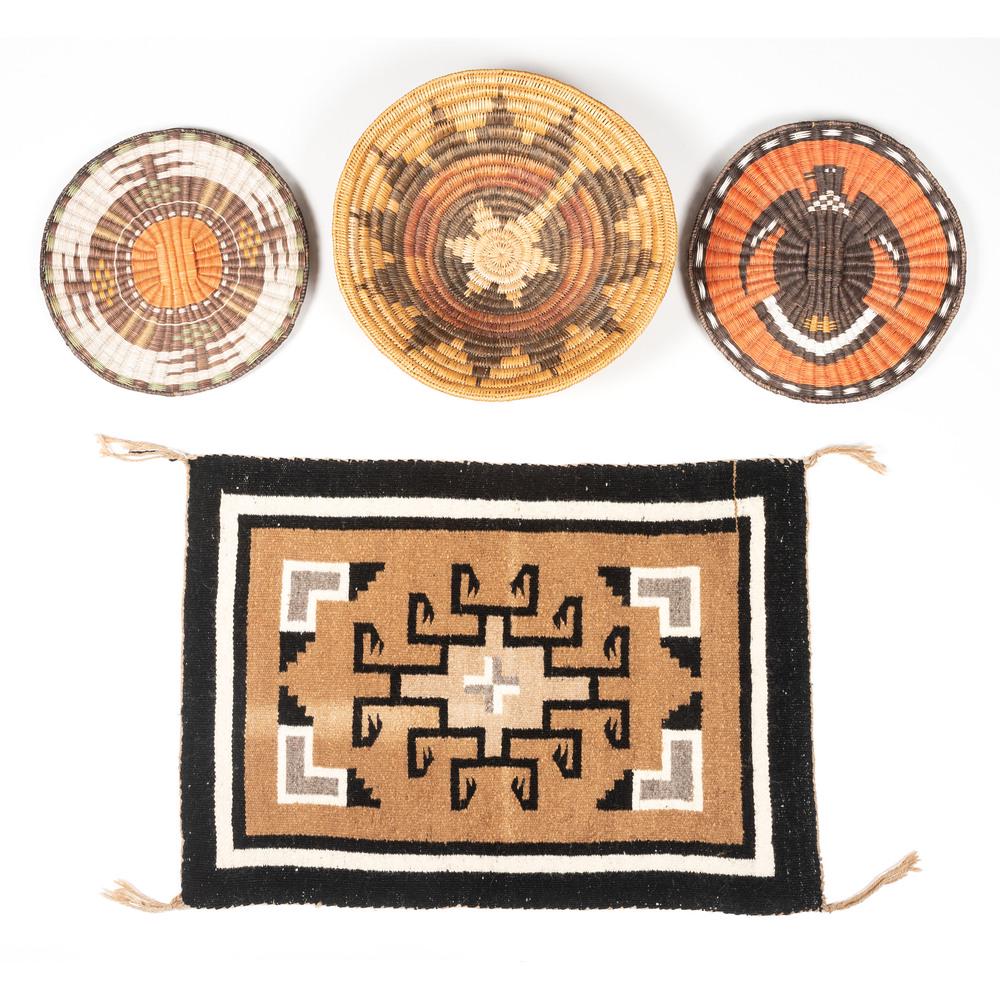 A Collector's Southwestern Starter Kit: lot of 5, includes a two grey hills sampler weaving, 27 x 19 in.; PLUS two Hopi wicker trays, diameters 11.75 in. and 12 in.; PLUS a Navajo wedding basket, height 3.75 in. x diameter 14 in.; AND a sma