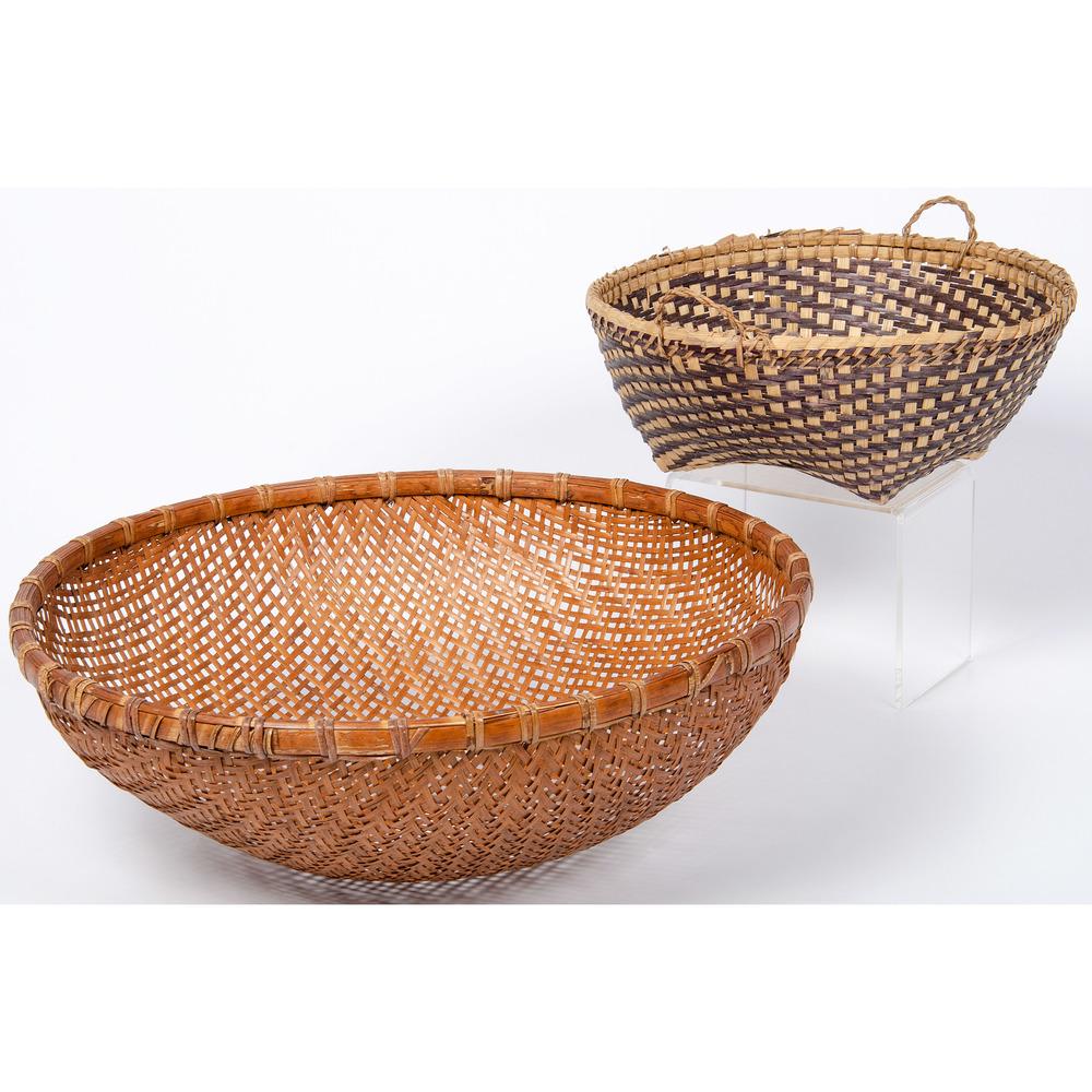 Baskets, From the Stanley Slocum Collection, Minnesota: lot of 2, includes large round basket, height 7 in. x diameter 18 in.; AND medium round basket with handles, woven checkerboard design with feet, height 5 in. x diameter 11.5 in. 20th century