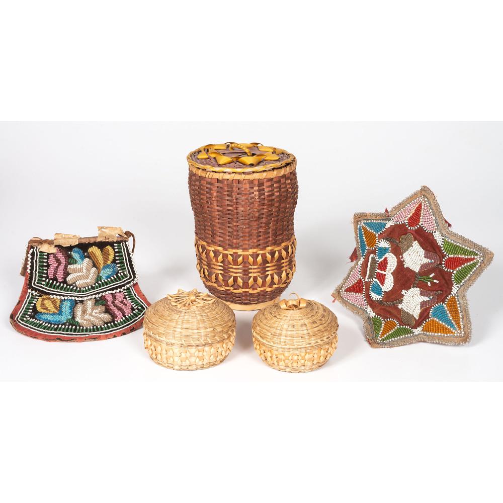 Haudenosaunee Beaded Pouch and Star Panel PLUS Split: Haudenosaunee Beaded Pouch and Star Panel PLUS Split Ash Baskets lot of 5, includes a whimsy pouch with beaded floral design, length 7 in. x width 7.5 in.; PLUS a star-shaped panel, beaded bird and fl