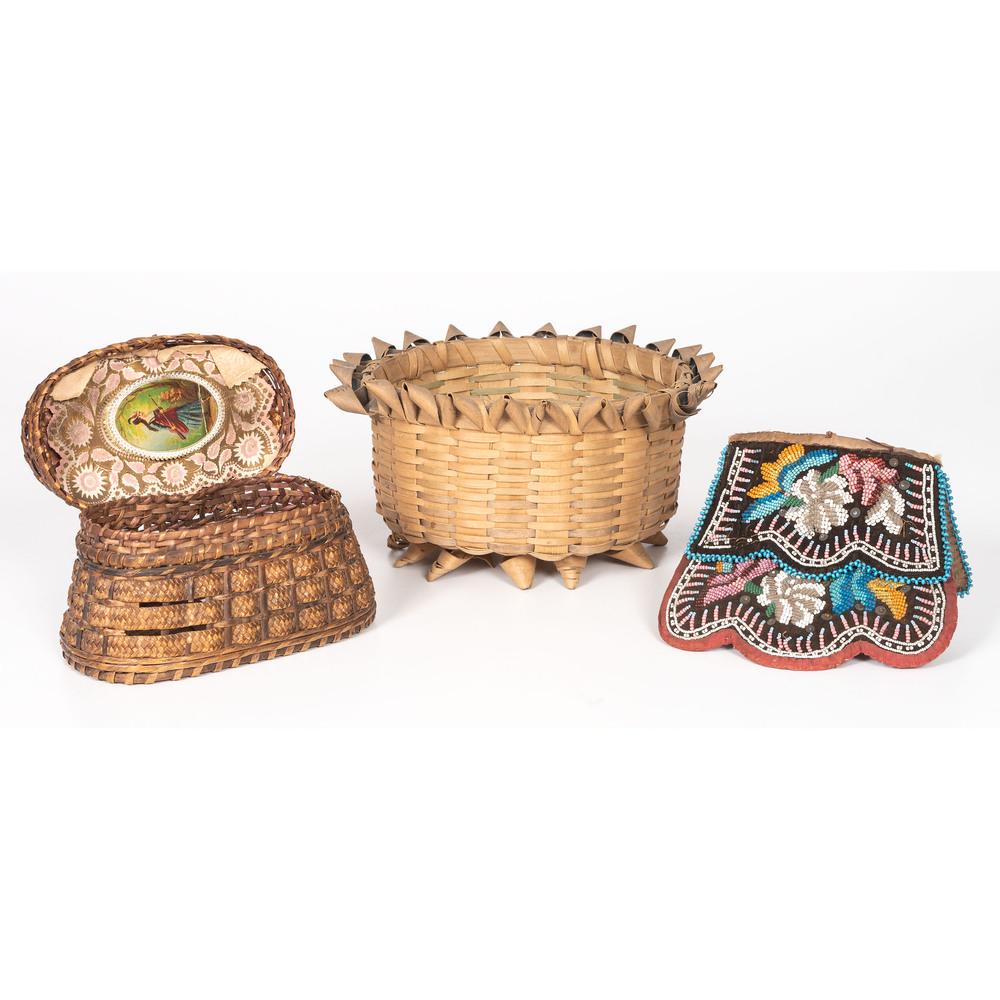 Northeastern Baskets and Purse: lot of 3, includes a split ash basket with remnants of pigment and "porcupine twists" around rim and as footing, height 5 in.; PLUS a sewing basket with hinged lid; interior of lid lined with embosse
