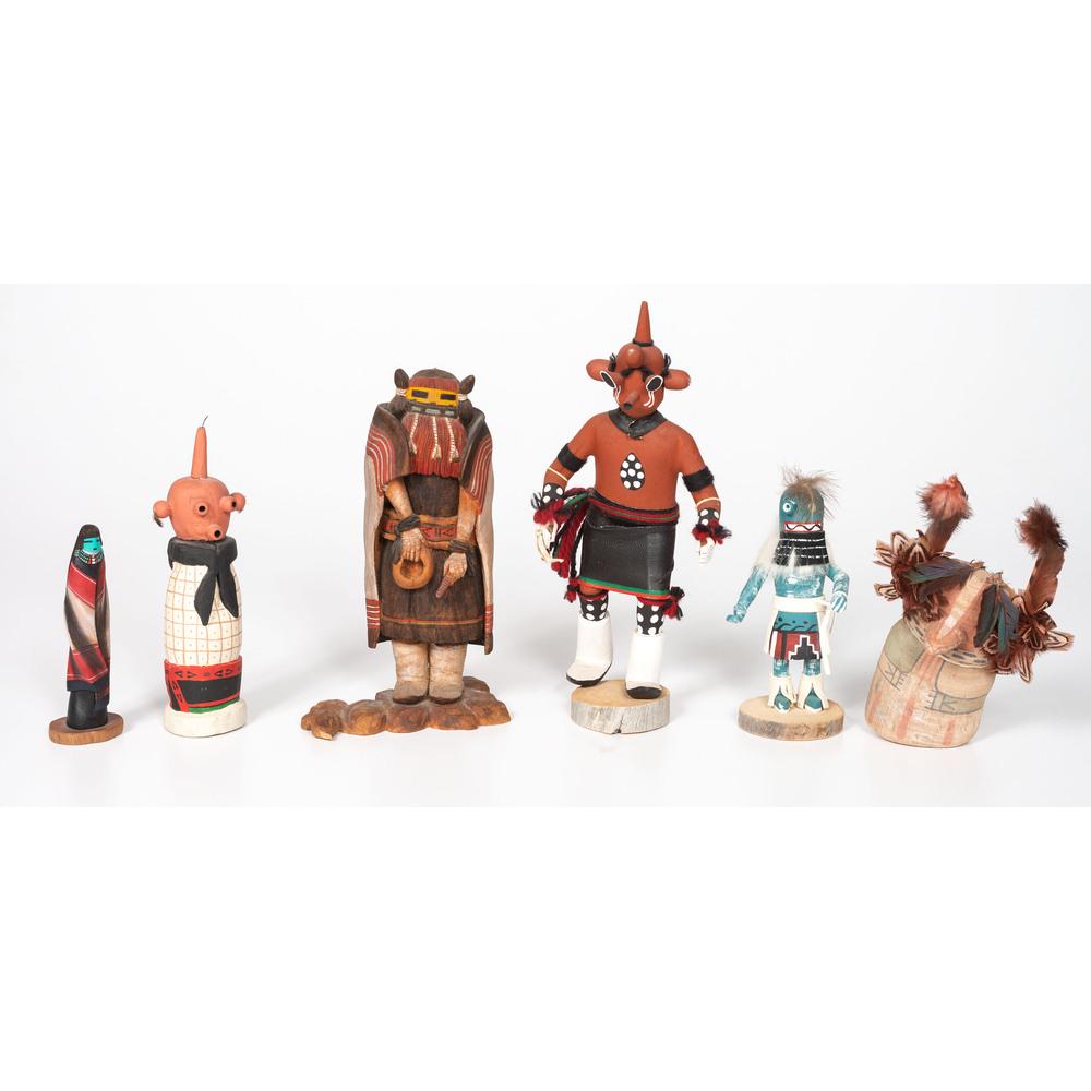 Merlin Kopelva (Hopi, 20th century) Badger Katsina,: Merlin Kopelva (Hopi, 20th century) Badger Katsina, PLUS lot of 6, includes a flat badger katsina, signed M. Kopelva, height 8.5 in.; PLUS a Long Hair Katsina Mana, signed Jonathan Cordero, height 9