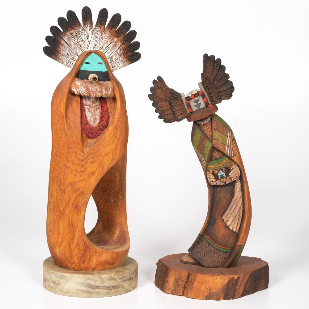 Crow Mother Katsina, PLUS: lot of two, includes Crow Mother Katsina signed "T. Fredericks" on base, PLUS large katsina on marble base signed illegibly; largest height 20.5 in. ca 2000