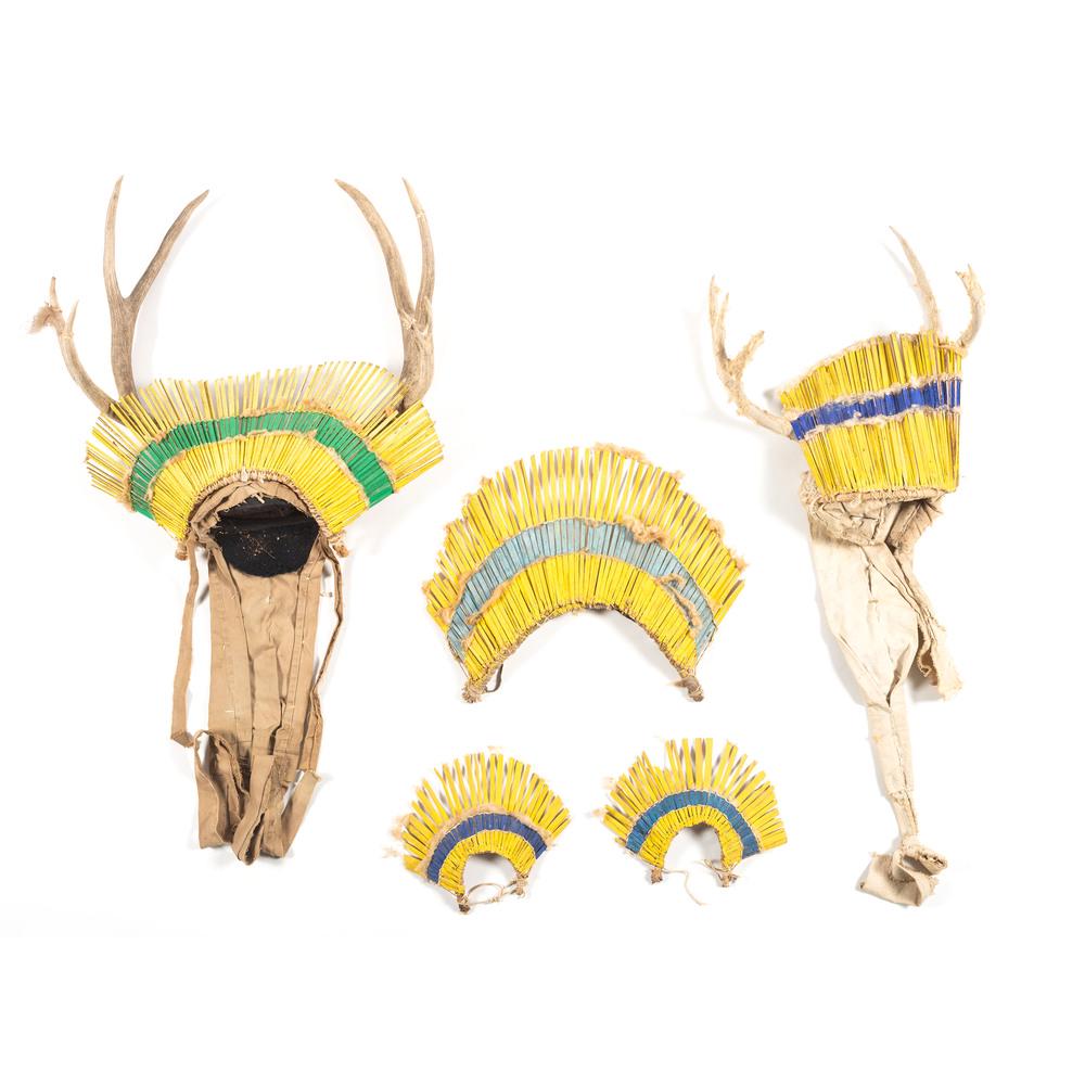Southwest Deer Dancer Regalia: lot of five, including two headdresses; pieces constructed of painted bamboo, antler, and fur; largest width (antler tip to tip) 19 in. x length 25 in. mid-20th century