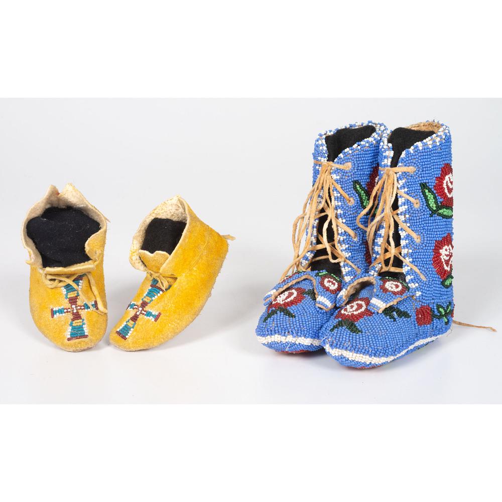 Cheyenne and Plateau Beaded Baby Moccasins: lot of 2, includes a pair of fully beaded Plateau baby moccasins, thread and sinew-sewn on canvas and lined with hide, length 4.5 in; AND a pair of Cheyenne thread and sinew-sewn on hide,with beaded c