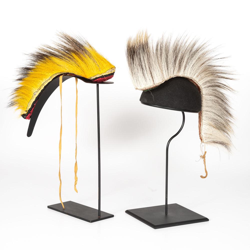 Plains Porcupine Hair Roaches, From the Stanley B.: Plains Porcupine Hair Roaches, From the Stanley B. Slocum Collection, Minnesota lot of 2, includes one with yellow-dyed deer hair; interior of braided yarn, overall length 18 in.; AND another with whi