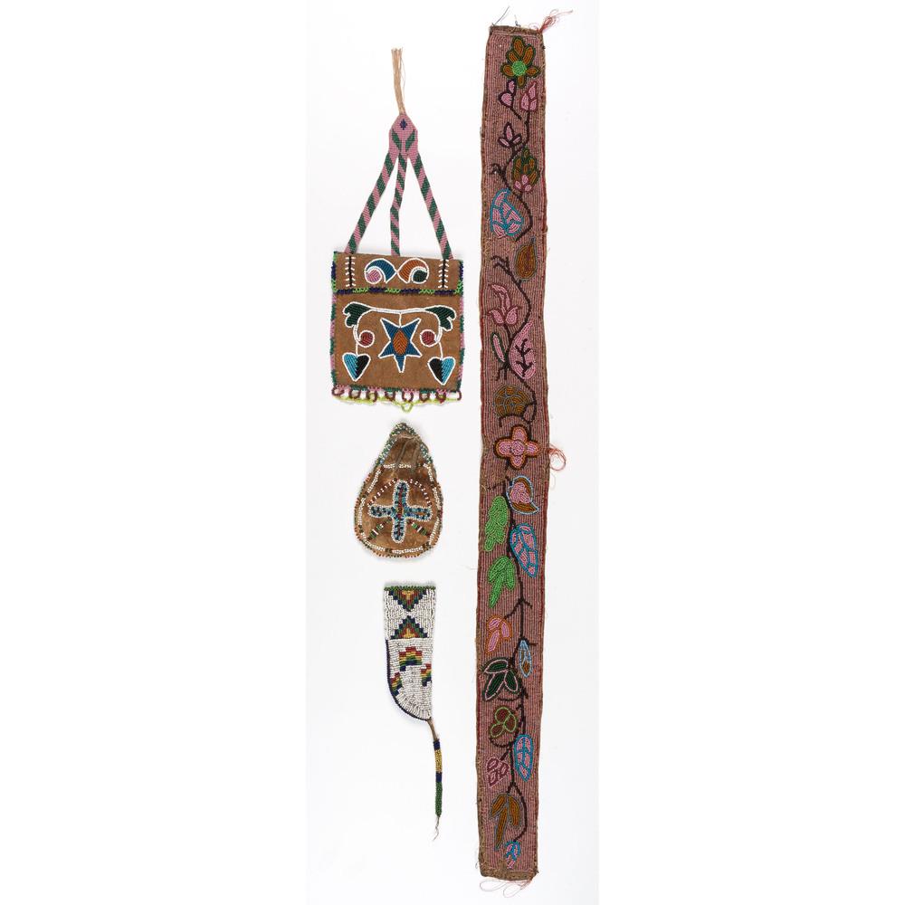Plains Beaded Hide Pouches and Belt: lot of 4, includes a puzzle pouch with loom-beaded strap, overall length 11 in.; PLUS a teardrop-shaped bag, length 5 in.; PLUS a miniature knife sheath; beaded on both sides, overall length 8.5 in.; 