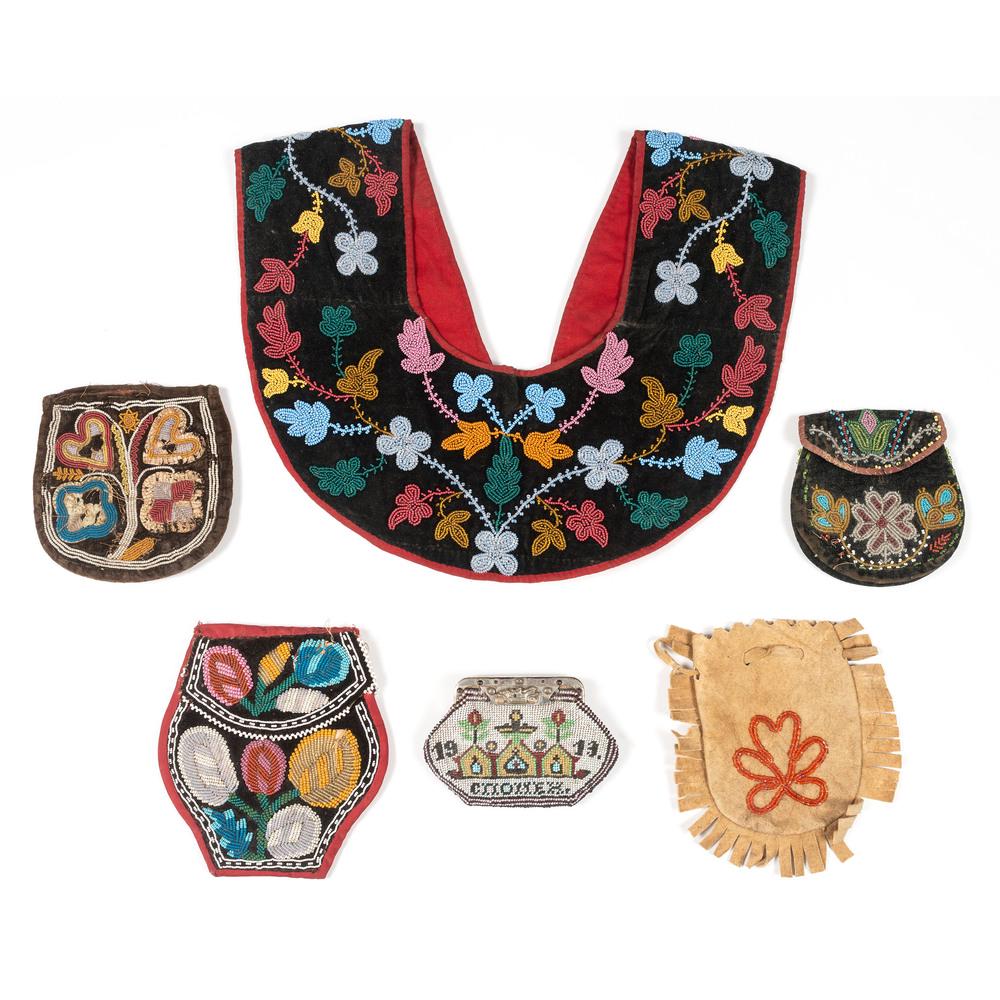 Great Lakes Beaded Bags and Shirt Collar: lot of 6, includes four bags, largest 6 in. x width 5.5 in.; AND a beaded collar, backed with red cotton, (open) length 23 in. x (center) width 13.25 in. late 19th century