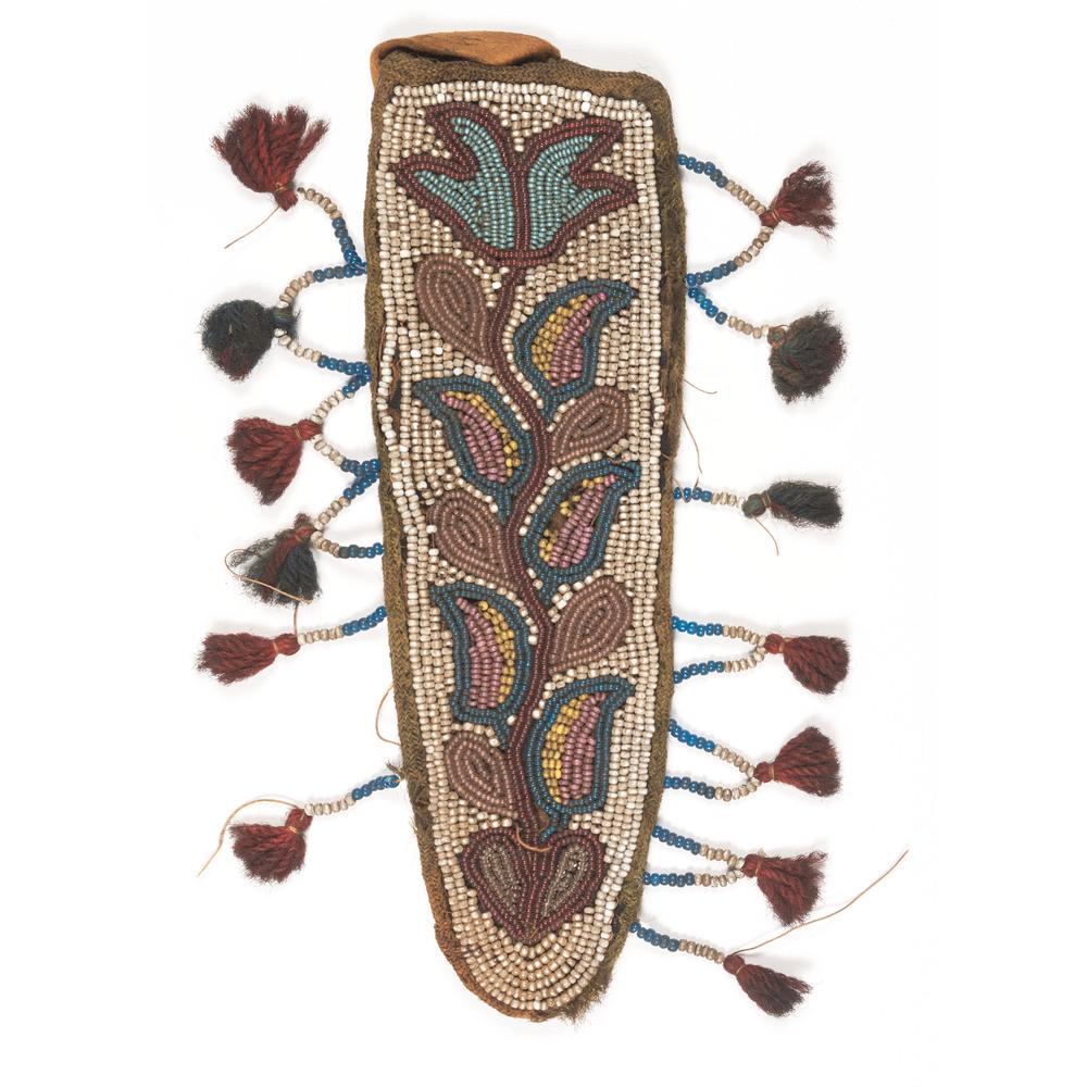 Eastern Woodlands Knife Sheath: thread-sewn on thick hide and beaded using colors of white, red, robin's egg blue, teal, greasy yellow, pearl, and pink; decorated with yarn tassels around edge; length 7.25 in. late 19th century
