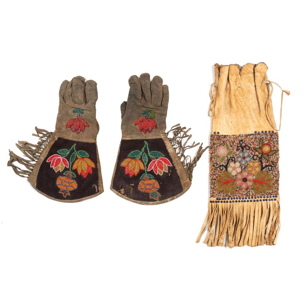 Western Great Lakes Beaded Tobacco Bag and Plateau: Western Great Lakes Beaded Tobacco Bag and Plateau Gauntlets lot of 2, includes thread-sewn and beaded with salt and pepper beadwork; floral designs on both sides; drawstring closure, length 17 in.; A