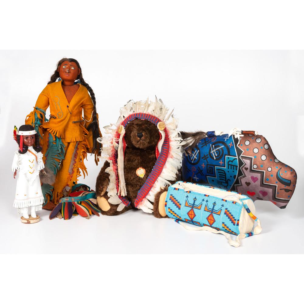 Plains Souvenirs: lot of 5, includes a loom beaded on hide purse, height 6 in. x length 10 in. x width 4 in.; PLUS a painted stuffed canvas buffalo, signed and dated on reverse; height 11.5 in. x length 16 in.; PLUS a 