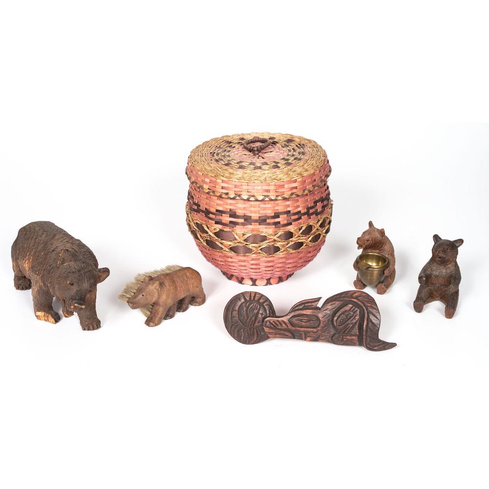 A Group of Novelty Items: lot of 6, includes a family of carved bears, from the Lynn Truesdell Estate; largest height 5.5 in.; PLUS a split ash basket, height 7 in. x diameter 7.5 in.; AND a howling wolf carving, length 8.25 i