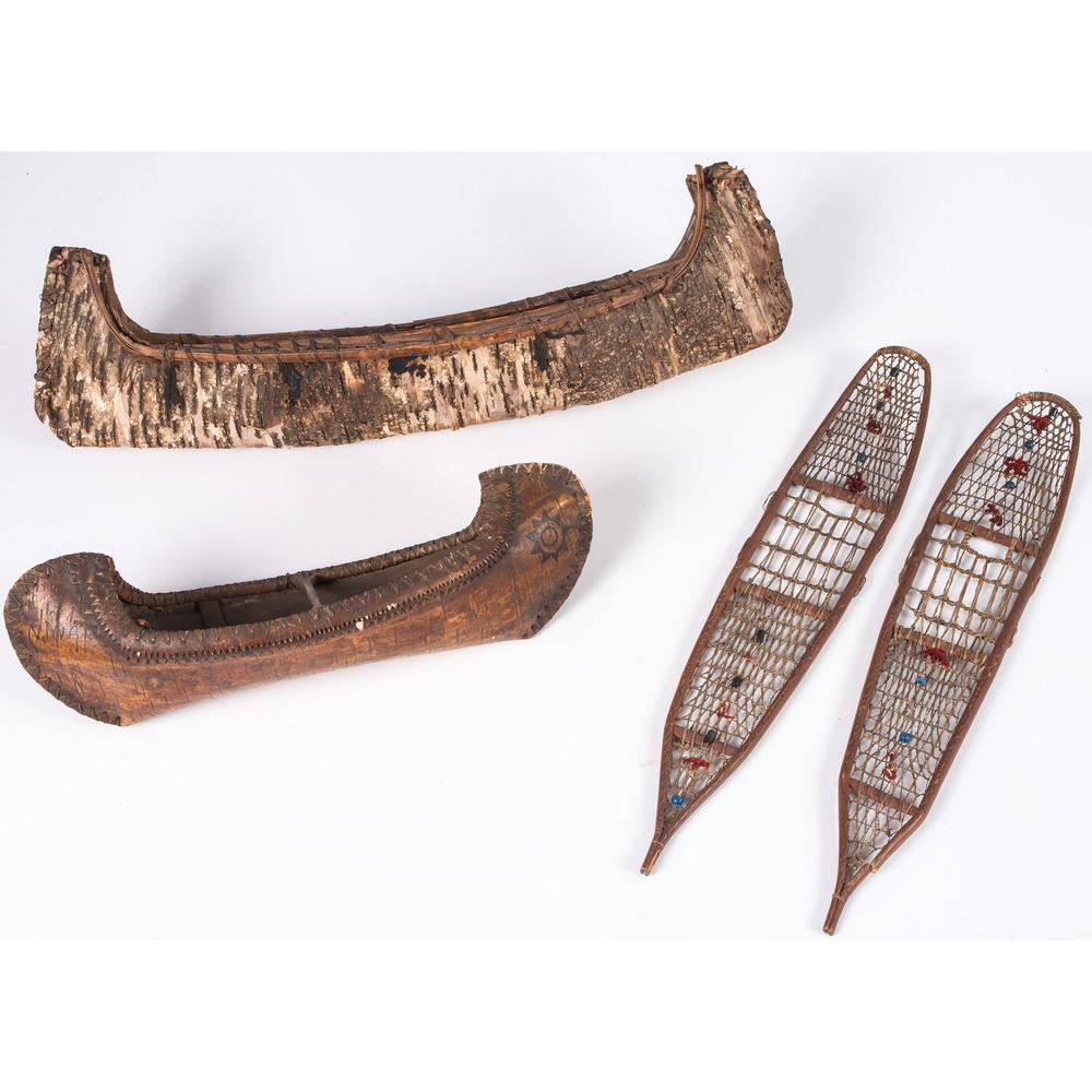 Woodland and Athabaskan Toys, From the Stanley B.: Woodland and Athabaskan Toys, From the Stanley B. Slocum Collection, Minnesota lot of three, includes pair of Athabaskan toy snowshoes, length 19 in.; AND two Woodland birchbark toy canoes, largest le