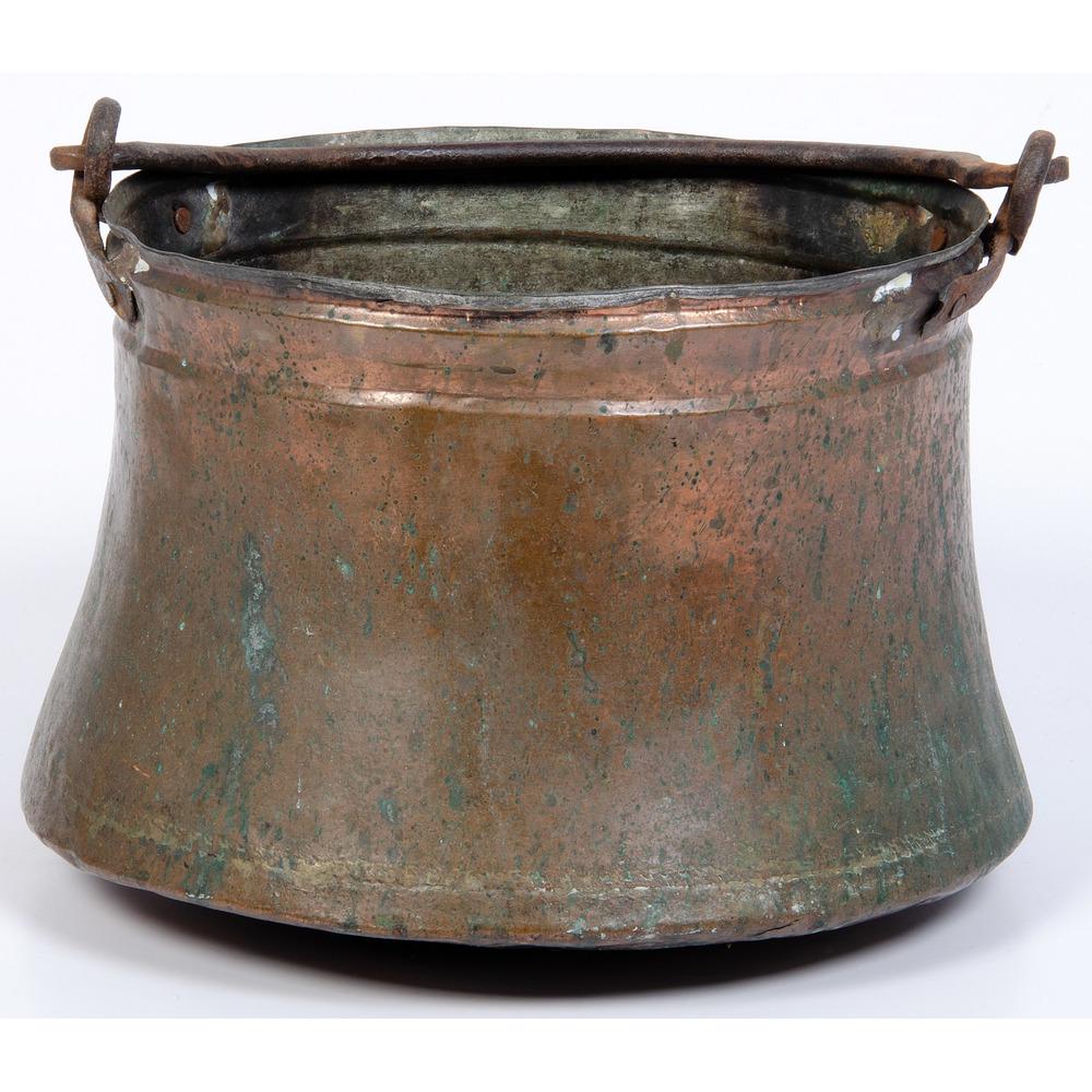 Brass Kettle with Wrought Iron Handle: belled form and with wrought iron swing handle, height 9.5 in. x diameter 12 in. late 19th century