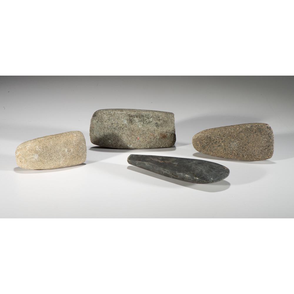 A Slate Pole Celt AND Three Hardstone Celts, Longest 6: A Slate Pole Celt AND Three Hardstone Celts, Longest 6 in. Woodland Period, 800 B.C. - A.D. 1200 Brant County, Ontario, Canada [F205] Sumpter, Monroe County, Michigan [D6] Clinton, Lenawee County, Mic