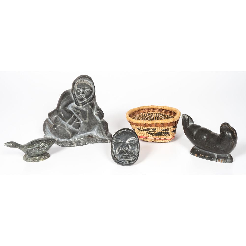 Inuit Soapstone Sculptures, PLUS A Nuu-chah-nulth /: Inuit Soapstone Sculptures, PLUS A Nuu-chah-nulth / Makah Basket lot of 5, includes four soapstone carvings of a hunter, seal, bird, and face; sizes range from largest: height 6.5 in. x length 7 in., 