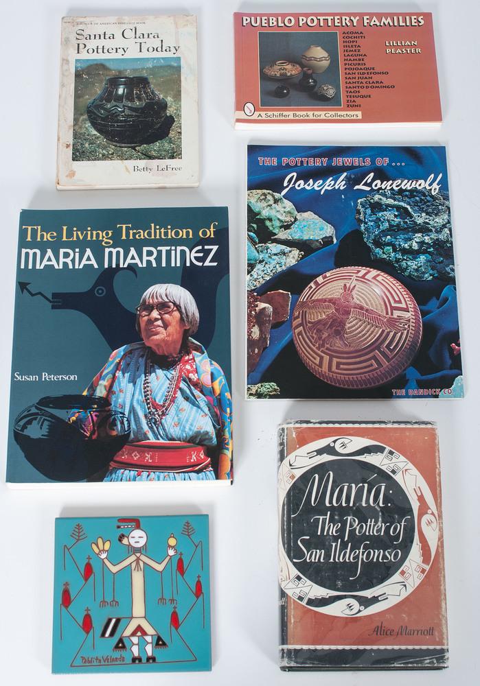 Books on Pueblo Pottery PLUS Pablita Velarde (Santa: Books on Pueblo Pottery PLUS Pablita Velarde (Santa Clara, 1918-2006) Tile Coaster lot of 6, includes a tile coaster signed by Pablita Velarde, height 6 in. x width 6 in.; PLUS five books including: