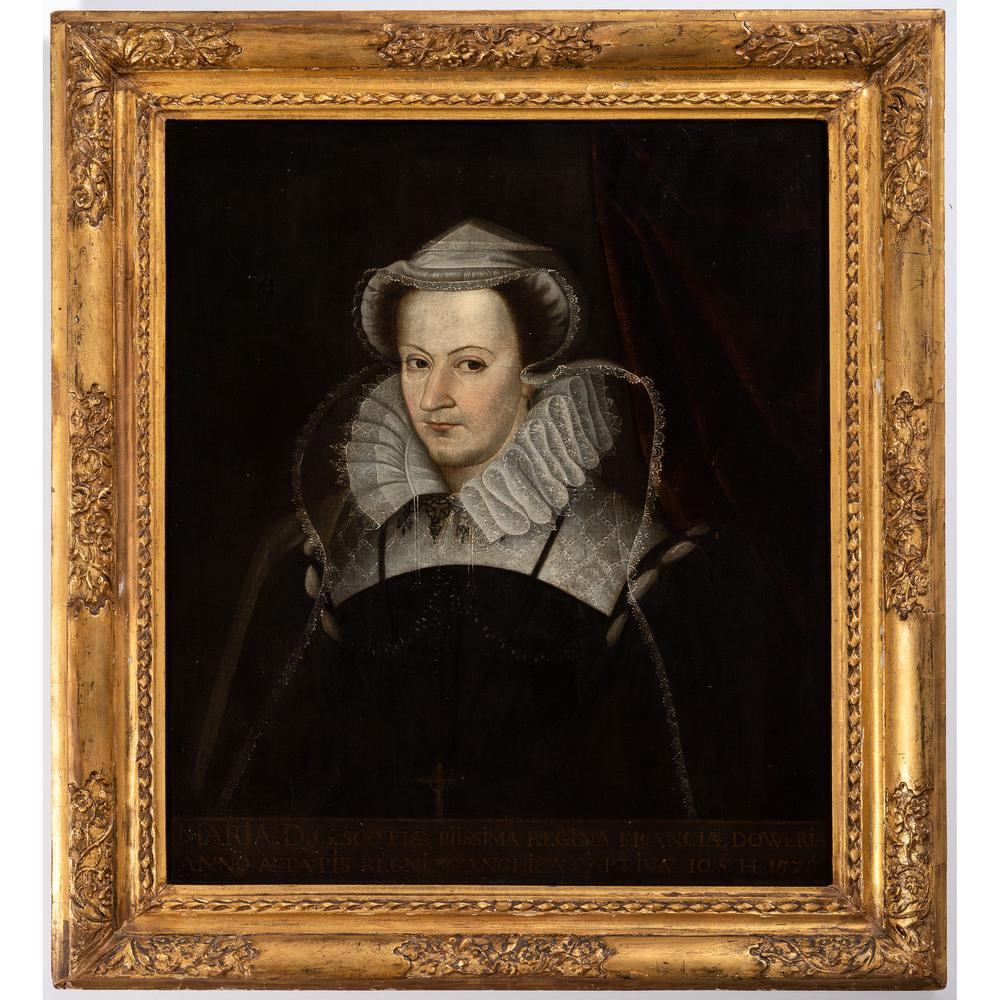 A Portrait of Mary, Queen of Scots: A Portrait of Mary, Queen of Scots oil on canvas identified in painted inscription along bottom with Samuel Aronoff labels on stretcher sight: 29 1/2 x 25 inches.