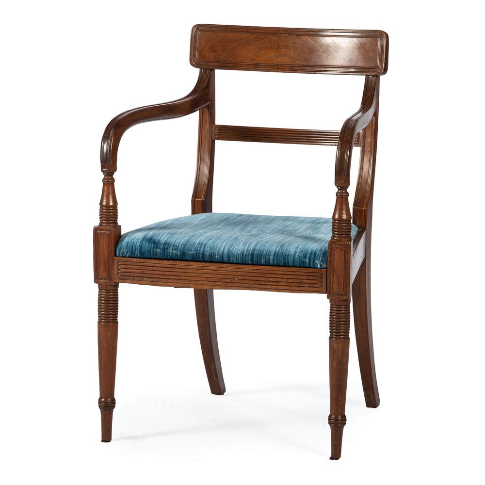 A George III Mahogany Armchair in the Sheraton Taste: A George III Mahogany Armchair in the Sheraton Taste English, Circa 1810-1820 Height 33 inches.