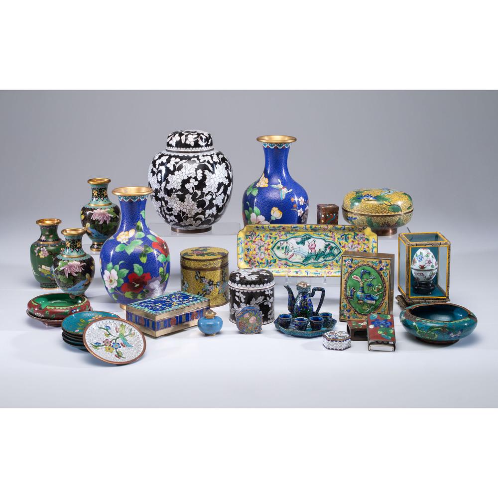 A Group of Cloisonné Vases, Boxes & Accessories: A Group of Cloisonné Vases, Boxes & Accessories 20th Century thirty-one pieces in total, including vases, boxes, a miniature tea set, ashtrays, and saucers. Height of largest 8 1/4 inches.