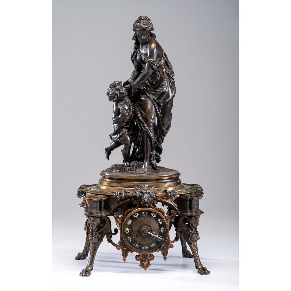 An Emile Hébert (French, 1823-1893) Figural Bronze: An Emile Hébert (French, 1823-1893) Figural Bronze Clock 19th Century bronze signed E. Hebert. back of movement marked 727 / J. Lefebvre Fils / Paris. dial marked E. Sevenier & G. Gordon. Heigh