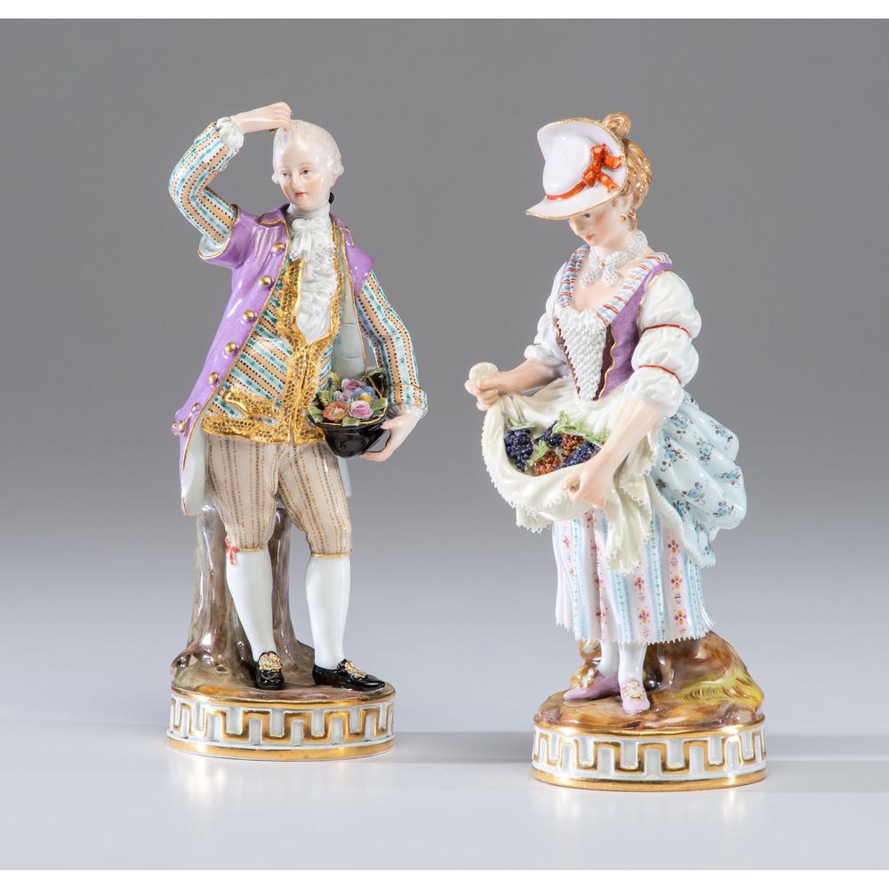 A Pair of Meissen Porcelain Figurines: A Pair of Meissen Porcelain Figurines 19th Century both with crossed swords mark in underglaze blue. Height 6 3/4 inches.