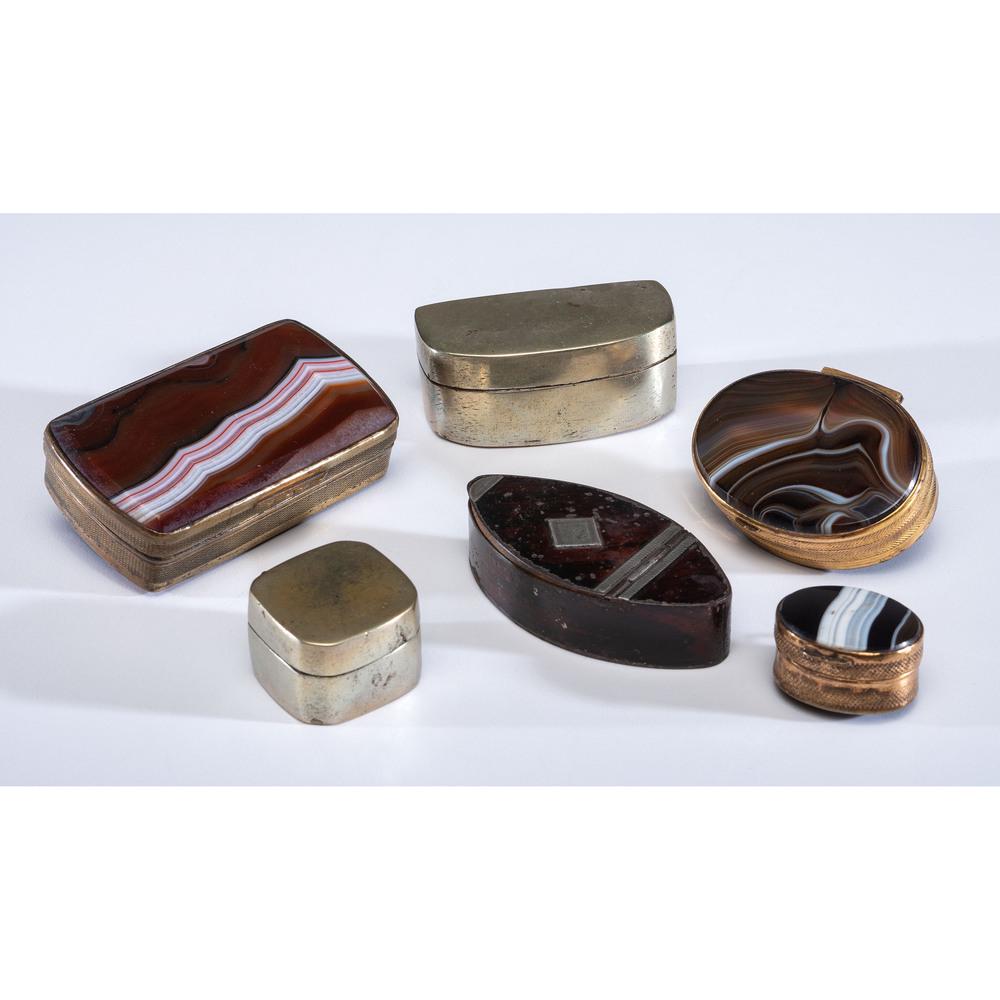 Six Agate and Metal Snuff Boxes: Six Agate and Metal Snuff Boxes 19th/20th Century Length of largest 2 7/8 inches.
