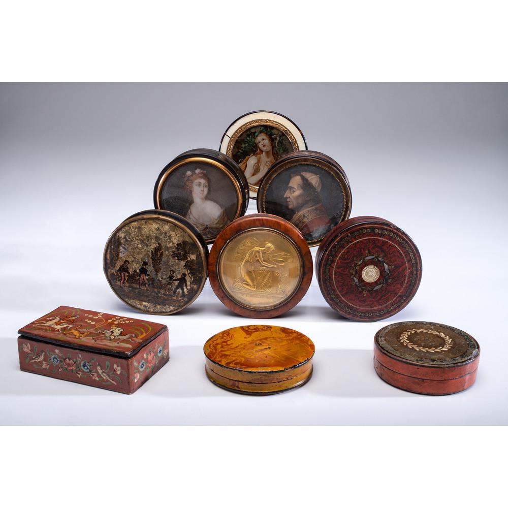 Nine Lacquer and Tortoiseshell Snuff Boxes: Nine Lacquer and Tortoiseshell Snuff Boxes 18th/19th Century including three tortoiseshell portrait boxes and six lacquer boxes. Diameter of largest 3 3/8 inches.