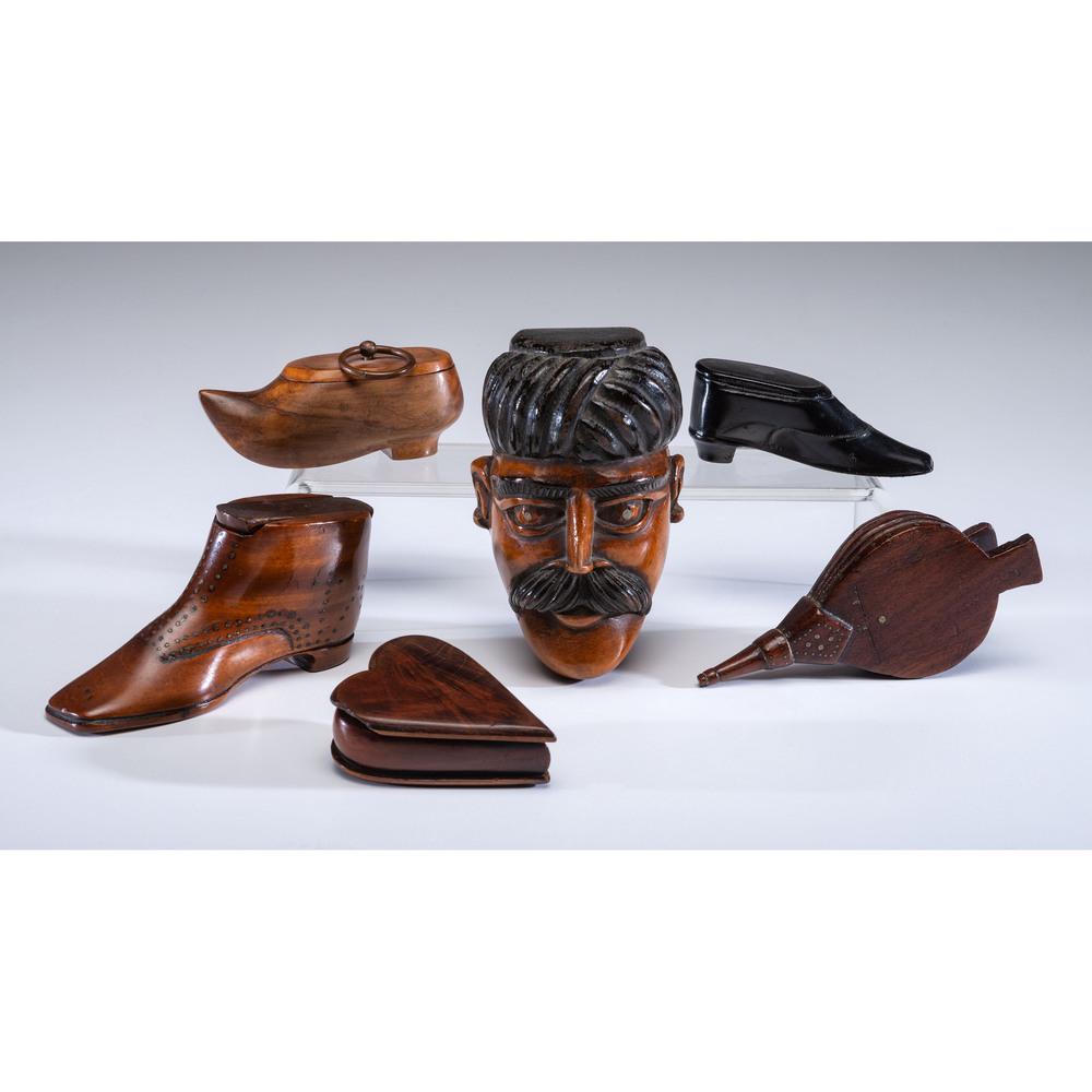 Six Carved Wood Snuff Boxes: Six Carved Wood Snuff Boxes English and Continental including a bellows, a heart, a man's head, and three shoes. Height of largest 4 inches.