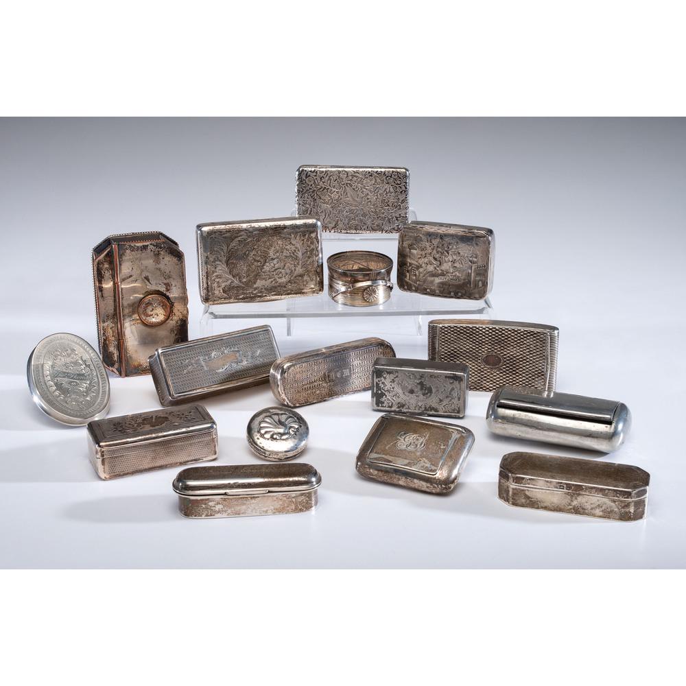 A Group of European Silver Snuff Boxes: A Group of European Silver Snuff Boxes 19th/20th Century a group of sixteen including four English sterling examples, two Russian, a German box, a Danish and a French box, along with seven other boxes