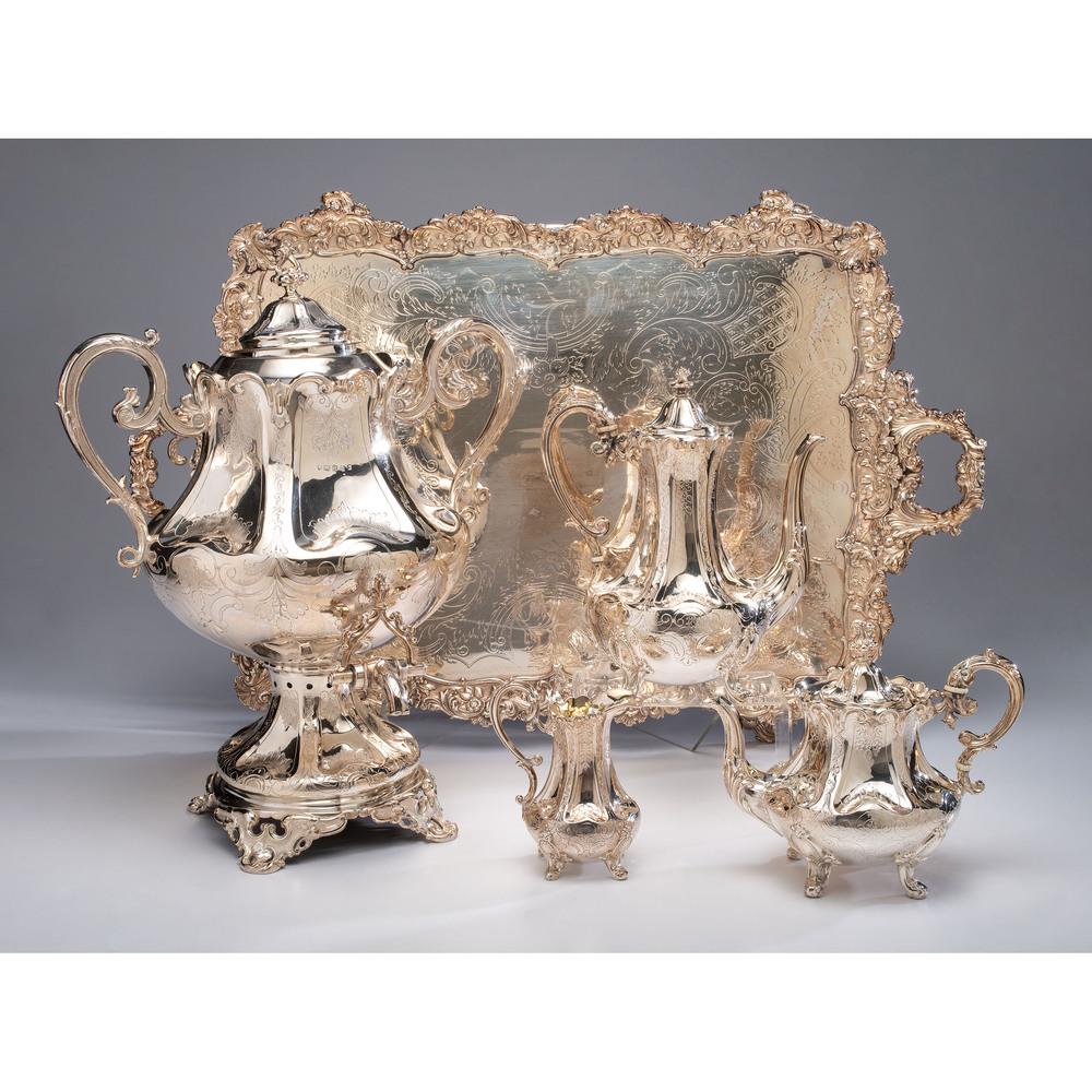 A Victorian Sterling Tea and Coffee Service: A Victorian Sterling Tea and Coffee Service Circa 1858-59. urn, teapot, coffee pot and creamer each with full hallmarks including maker's mark of White & Johnstone. includes a silverplated tray, silve
