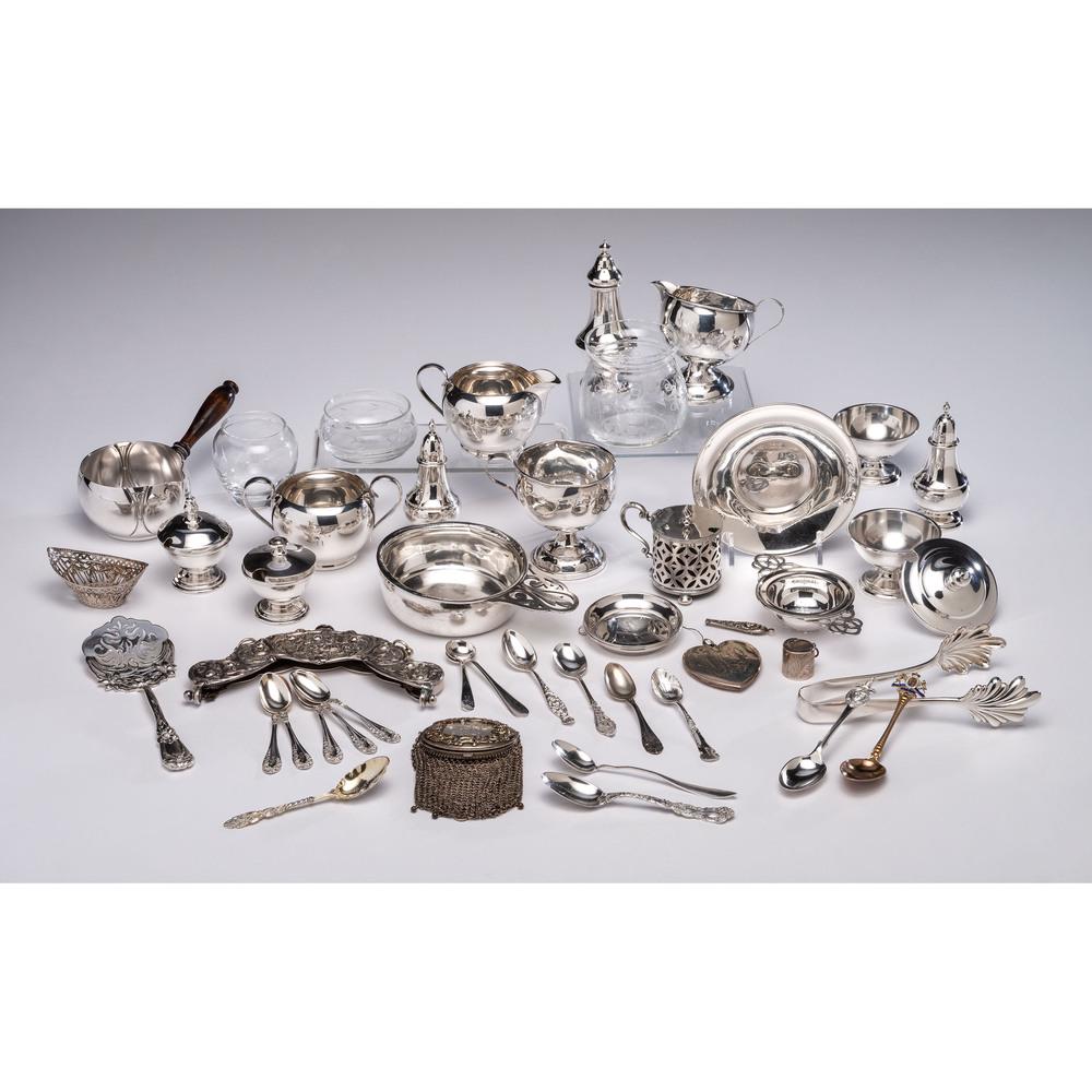 An Assorted Group of Silver Tableware and Accessories: An Assorted Group of Silver Tableware and Accessories 19th/20th Century forty-five pieces in total, including several silverplated and unmarked pieces. including casters, salts, creamers, and flatware
