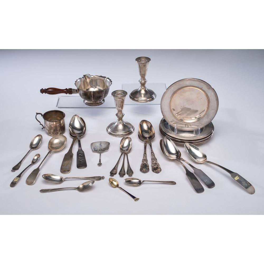 A Group of Sterling, Coin and Silverplated Tableware: A Group of Sterling, Coin and Silverplated Tableware 19th/20th Century including twenty-six pieces of sterling, six coin silver spoons, and an assorted set of silverplated flatware. Weight of sterling