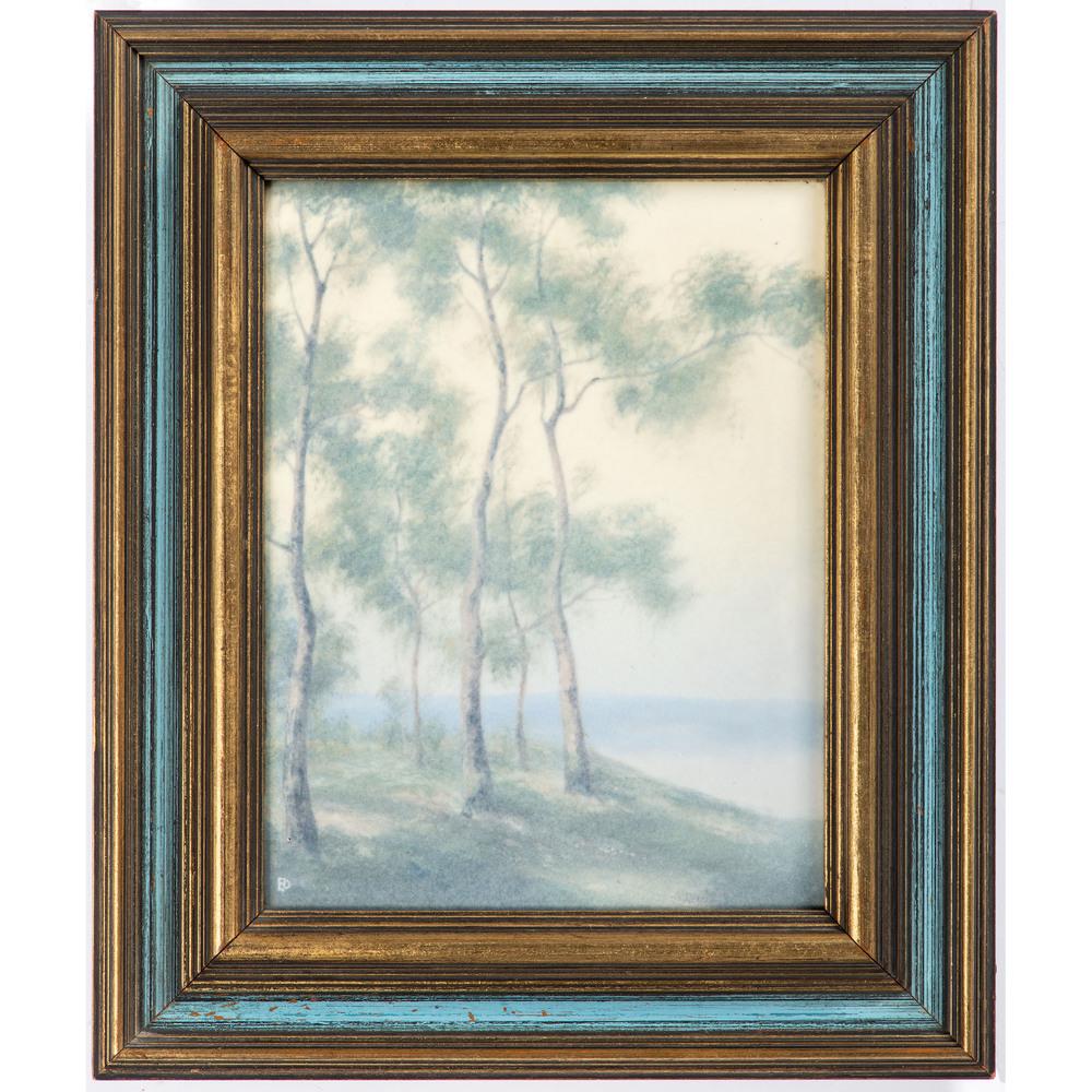 A Rookwood Pottery Scenic Vellum Plaque, Ed Diers: A Rookwood Pottery Scenic Vellum Plaque, Ed Diers 1896-1931 artist initials lower left. old label to verso with title Birch Trees. Plaque: 8 1/2 x 6 1/2 inches.