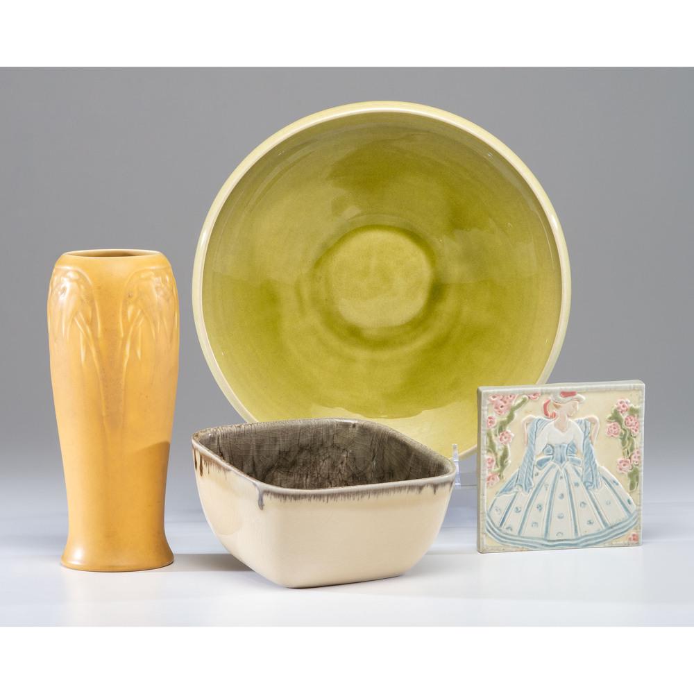 Four Pieces of Rookwood Production Pottery: Four Pieces of Rookwood Production Pottery First Half 20th Century including a 1922 vase, shape no. 2480, a 1919 trivet, shape no. 3070, a 1950 bowl, shape no. 7056, and a shallow bowl with indistinct