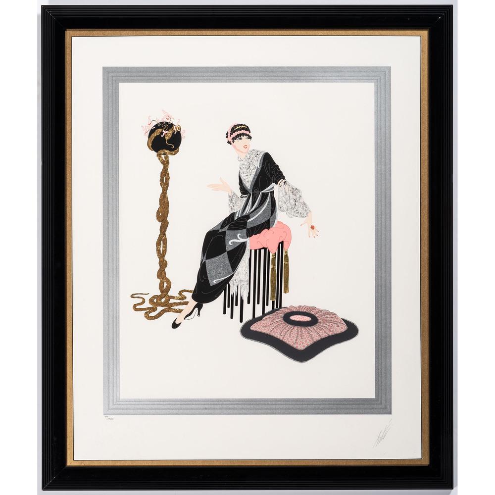 Erte (1892-1990), Signed Lithograph and Poster: Erte (1892-1990), Signed Lithograph and Poster Harmony embossed serigraph with foil signed lower right and numbered 44/300 lower left sight: 31 1/2 x 25 3/4 inches. Lot also includes a framed Erte pos