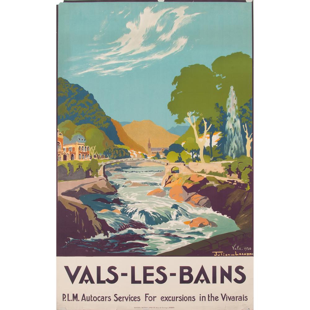 Julien Lacaze (French, 1886-1971), Vals-Les-Bains: Julien Lacaze (French, 1886-1971), Vals-Les-Bains P.L.M. Autocars Services for Excursions in the Vivarais circa 1930 artist's name printed in image; printed Lucien Serre Imp., Paris 39 1/2 x 24 1/2 i