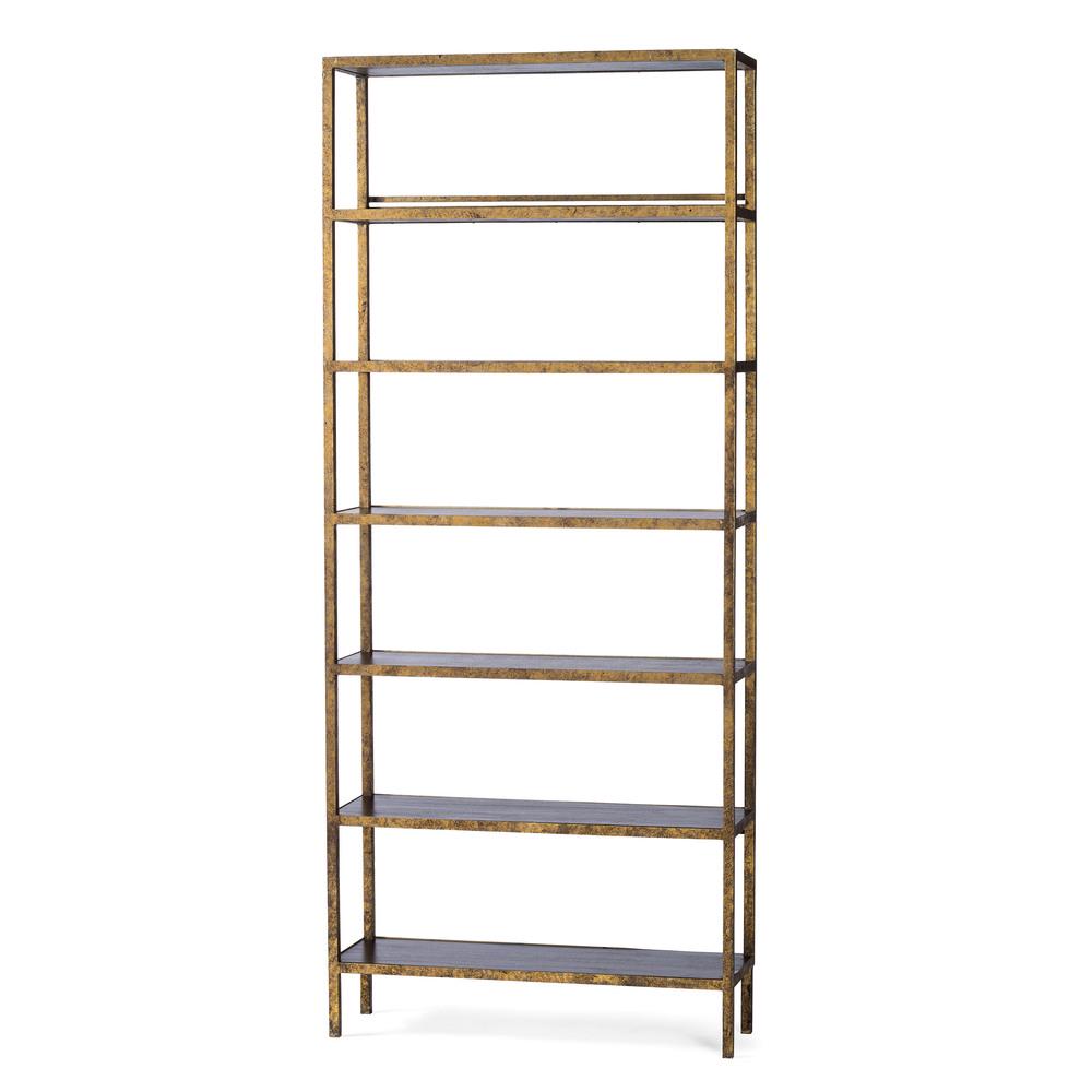 A Contemporary Gilt Metal Bookcase: A Contemporary Gilt Metal Bookcase American, 20th Century with six wooden shelves. Height 93 x width 39 1/2 x depth 13 inches.
