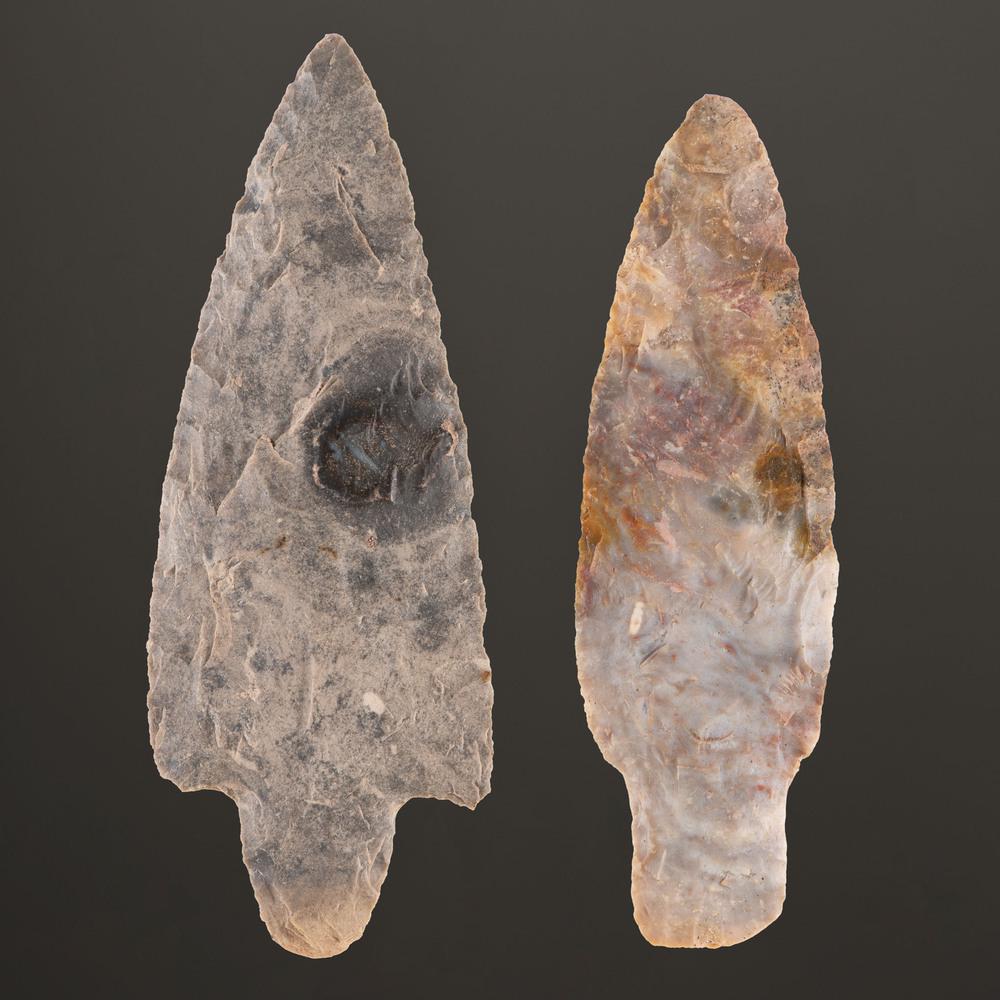 A Pair of Adena Blades, Longest 5 in.: A Pair of Adena Blades, Longest 5 in. Adena Culture, Early Woodland Period, 800 B.C. - A.D. 1 Sauk County, Wisconsin [F436] Fairfield County, Ohio [C737] lot of 2, longest 5 in.One Flint ridge the oth